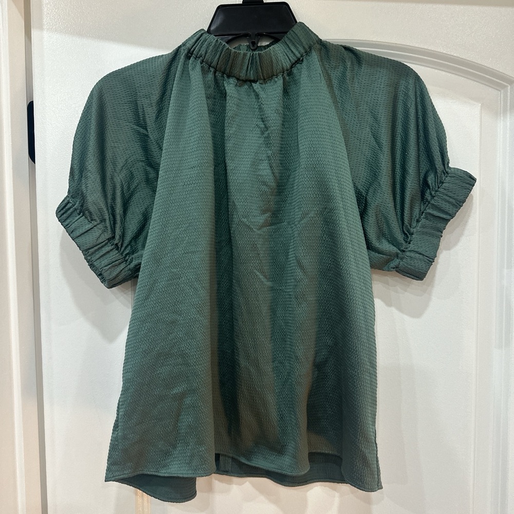 Elegang Ann Taylor Mock Neck Puff Sleeve Teal Satin Blouse